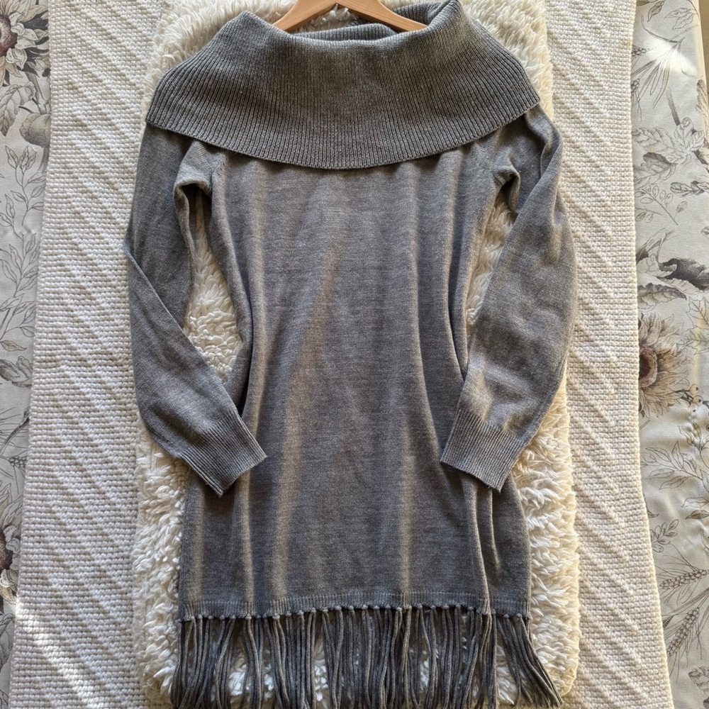 Neiman Marcus Gray Off-Shoulder Knit Sweater Dress with Fringe